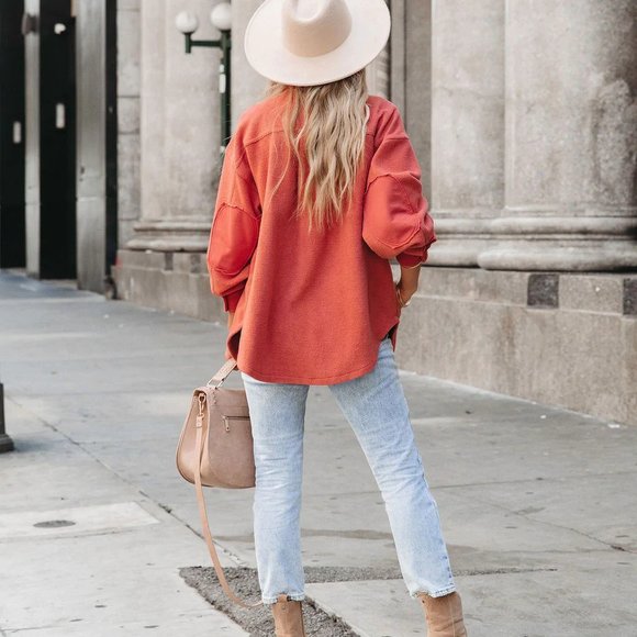 NEW -TANAN POCKETED BUTTON DOWN FLEECE SHACKET - RUST - Picture 5 of 8